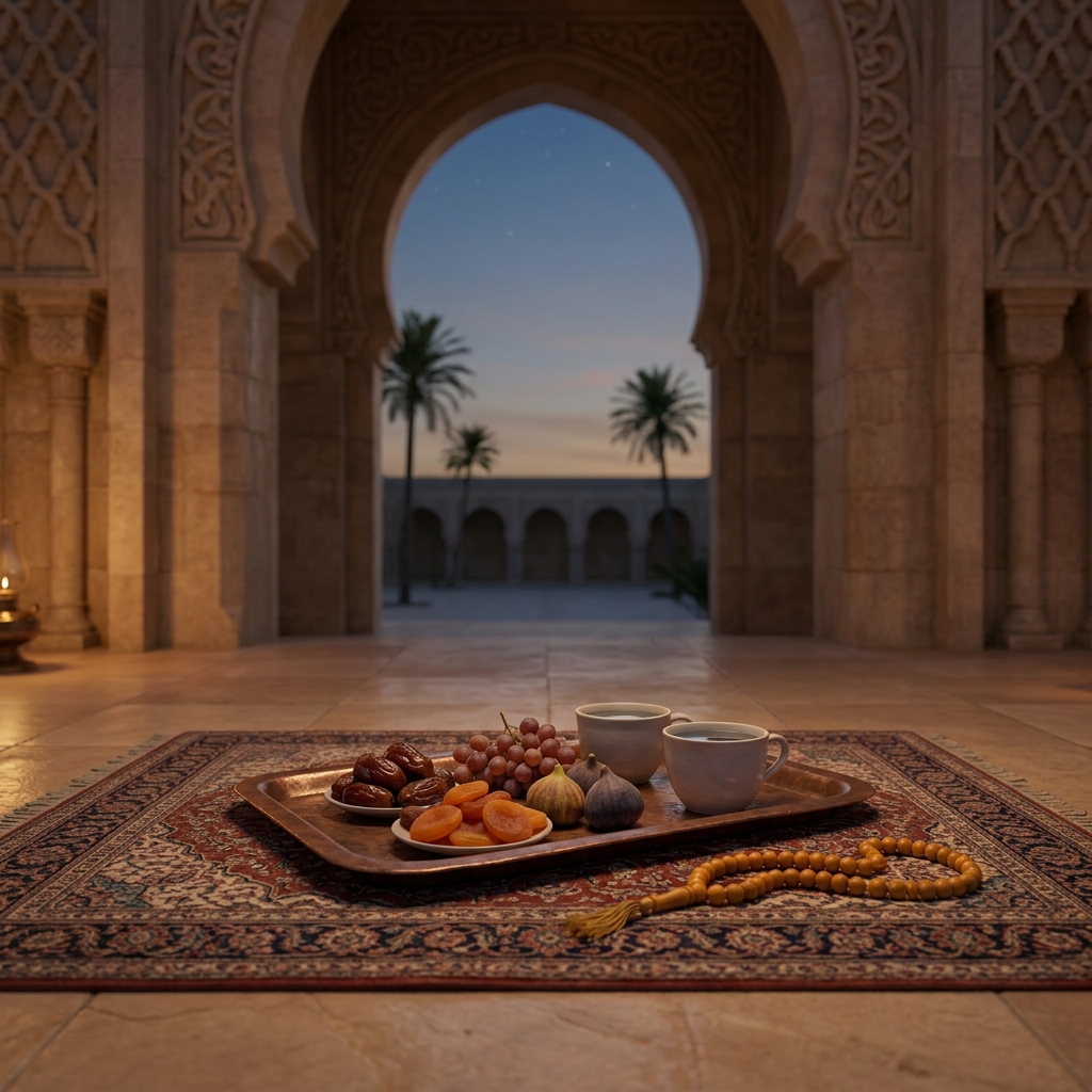 Prayer beads lie beside a simple tray of dates, fruit and water at evening
