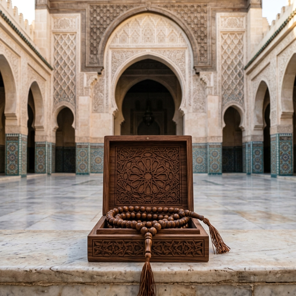 Prayer beads lie neatly in a shallow open wooden box with geometric carving