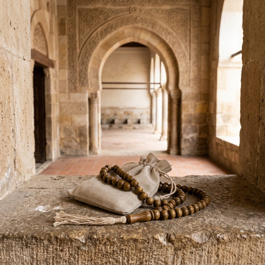 Wooden tasbih beads curl around a plain linen pouch on a stone shelf