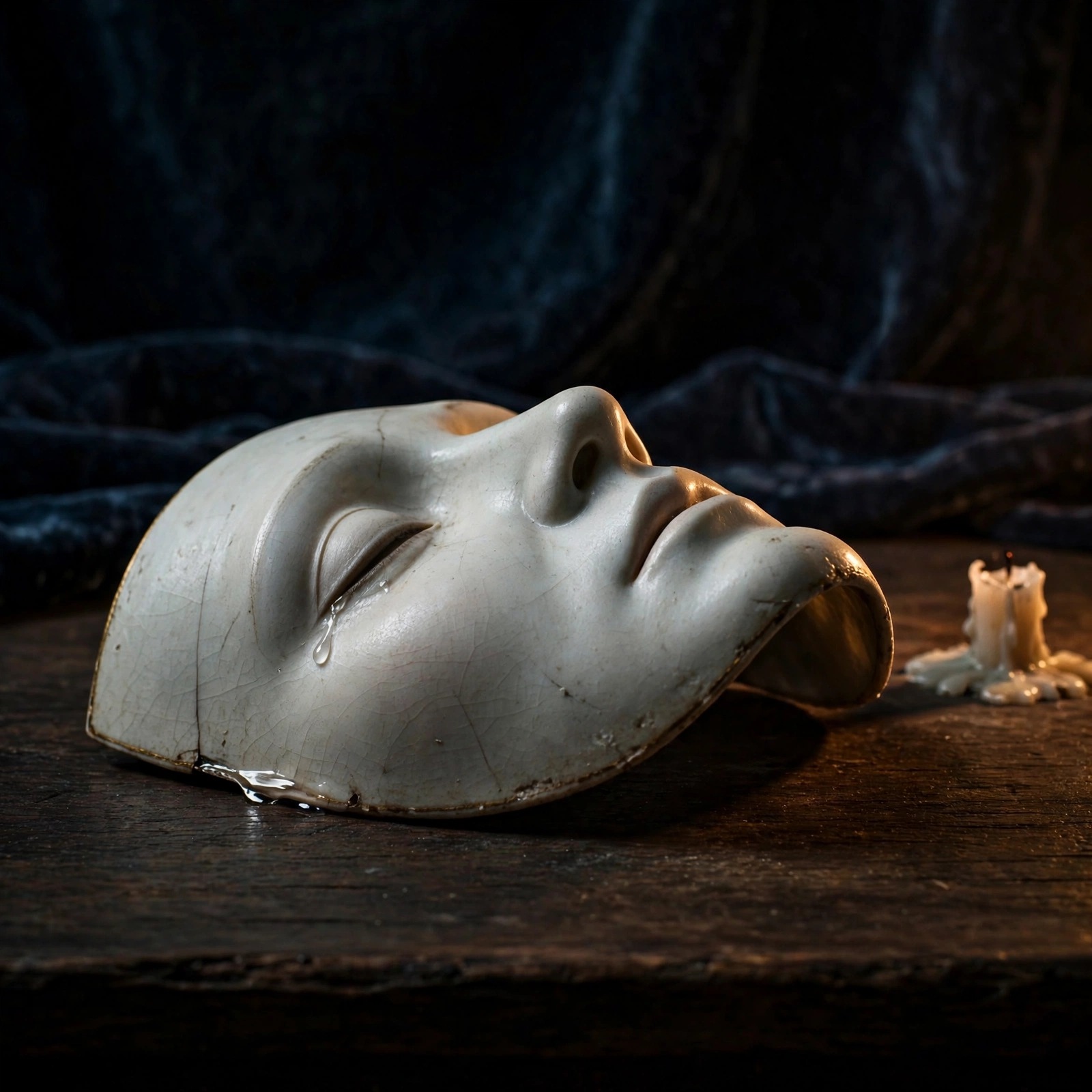 porcelain theater mask with painted tear on dark table sad dp