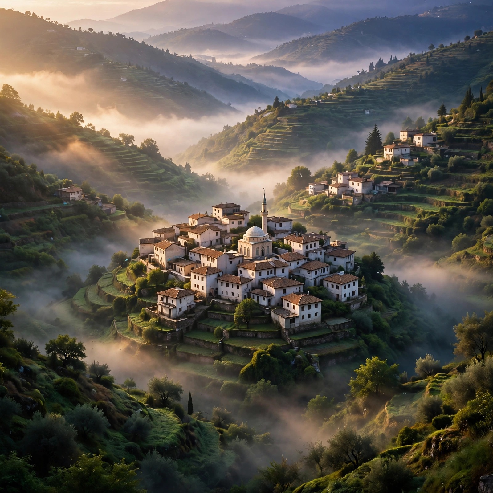 Terraced Mountain Village in Mist