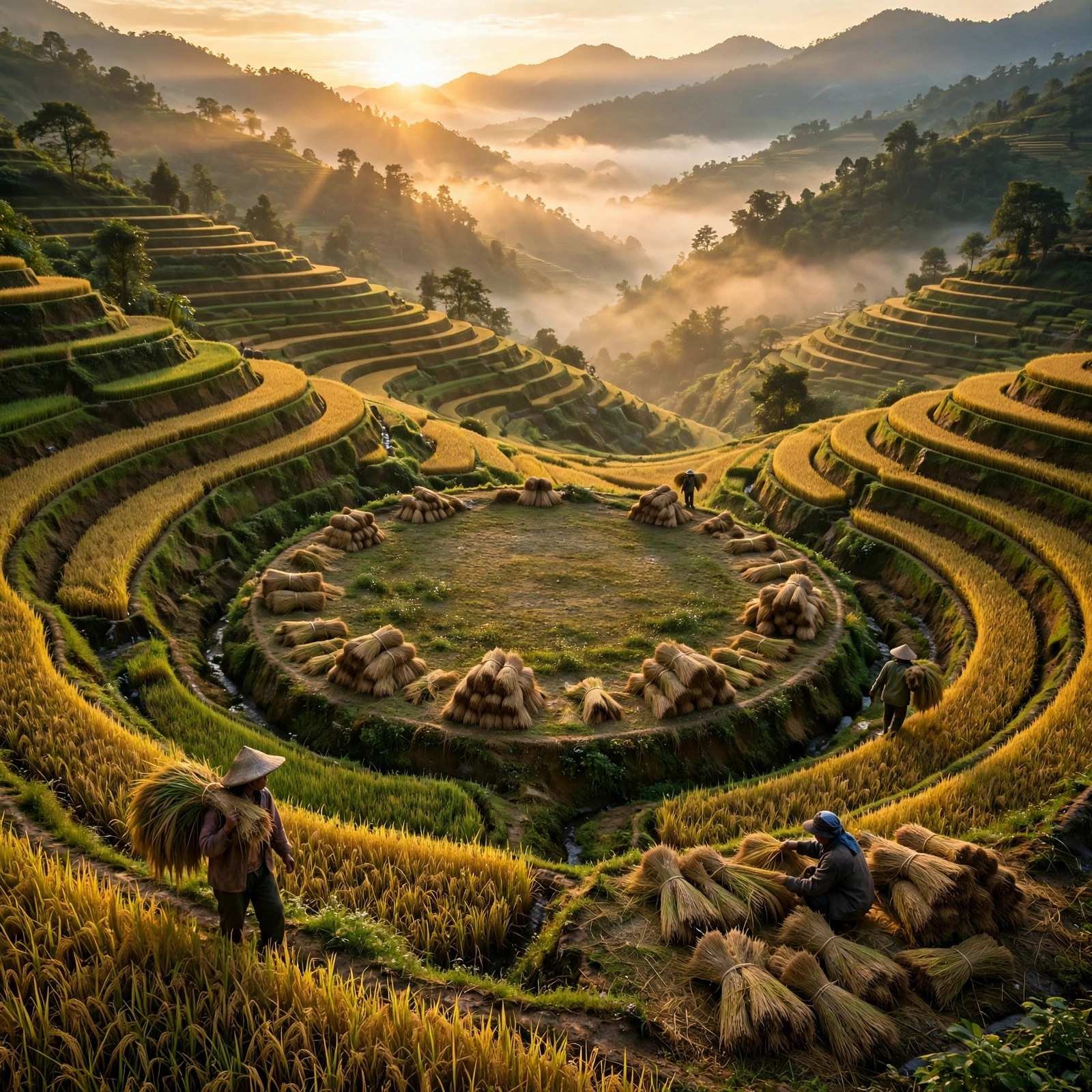 Terraced Rice Harvest at Dawn