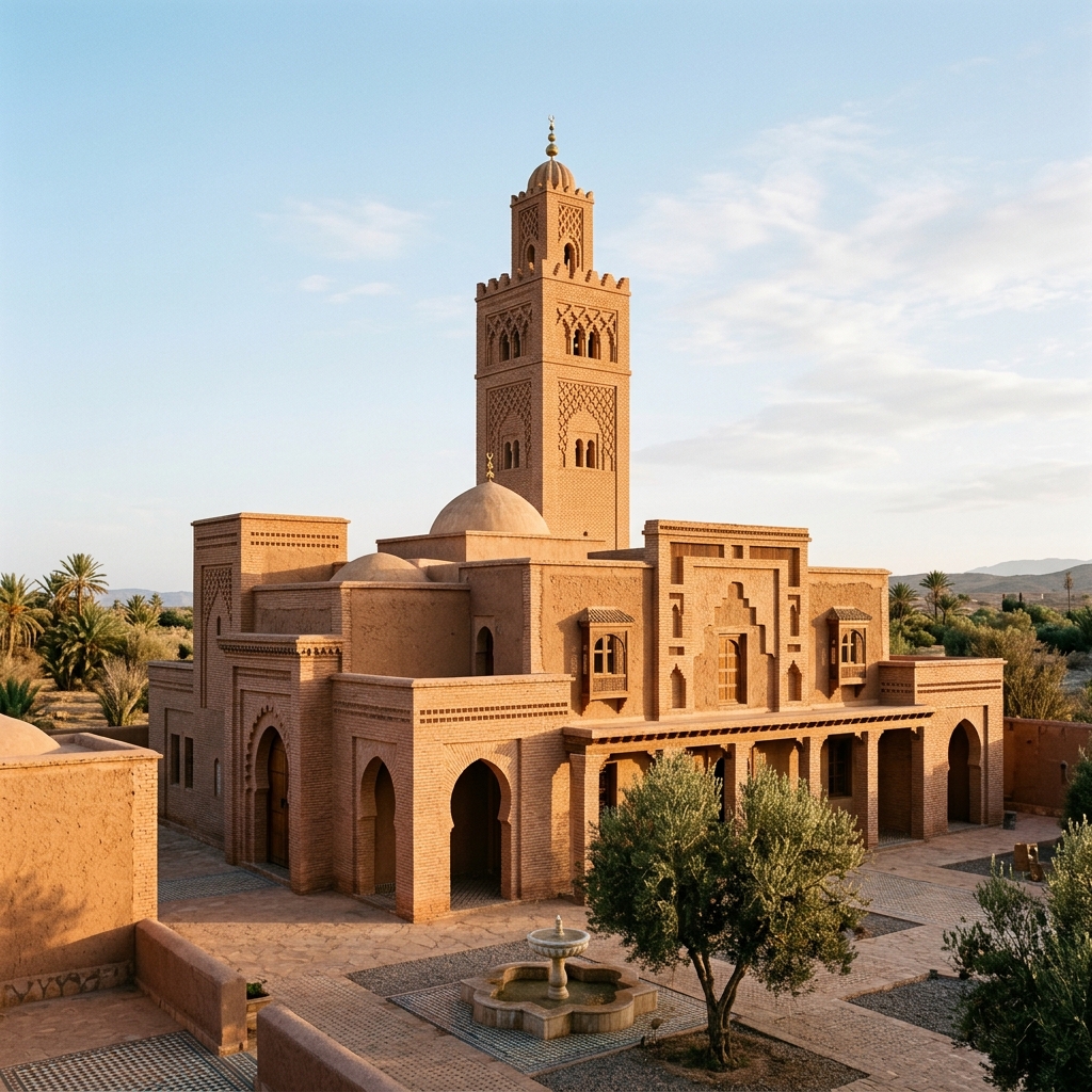A terracotta mosque with stepped forms stands in warm late afternoon light