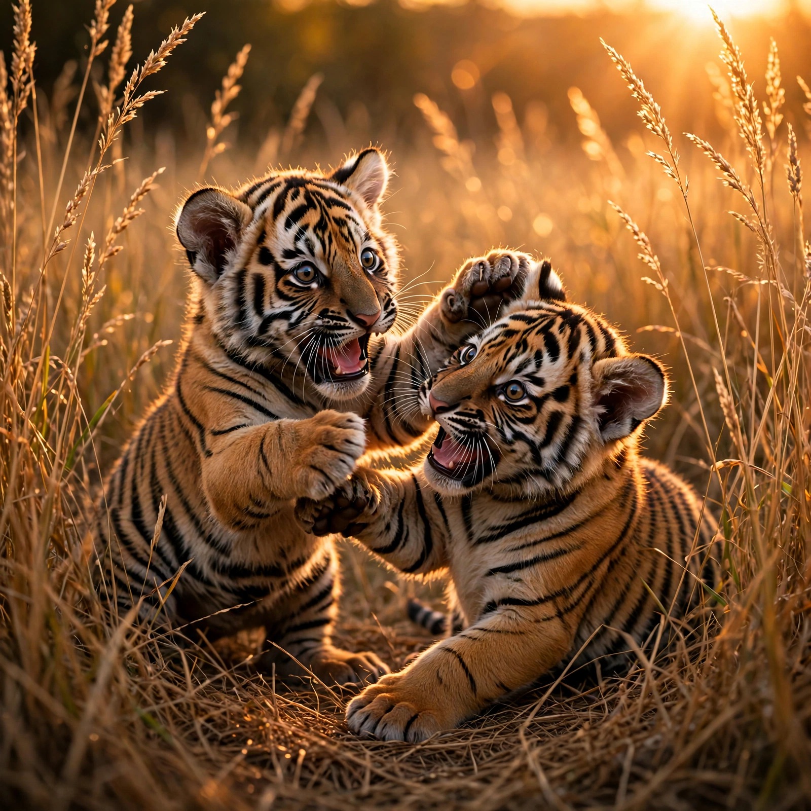 Two tiger cubs playing in golden grass at sunset, friendship DP