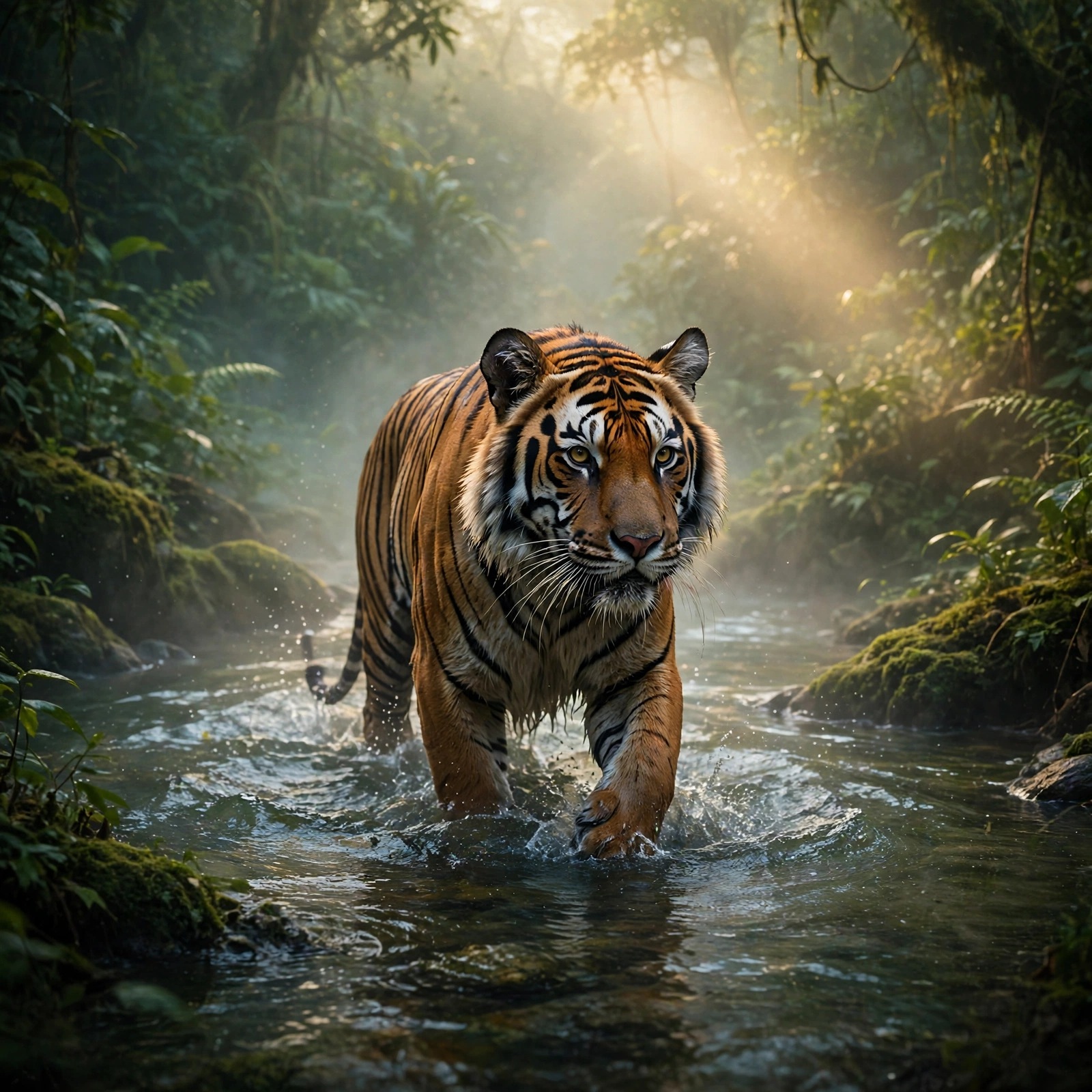 Tiger Wading Through a Jungle River at Dawn