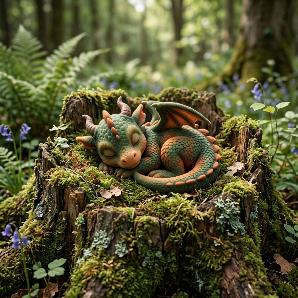 A friendly original baby dragon sleeps curled on a mossy stump, soft 3D storybook style