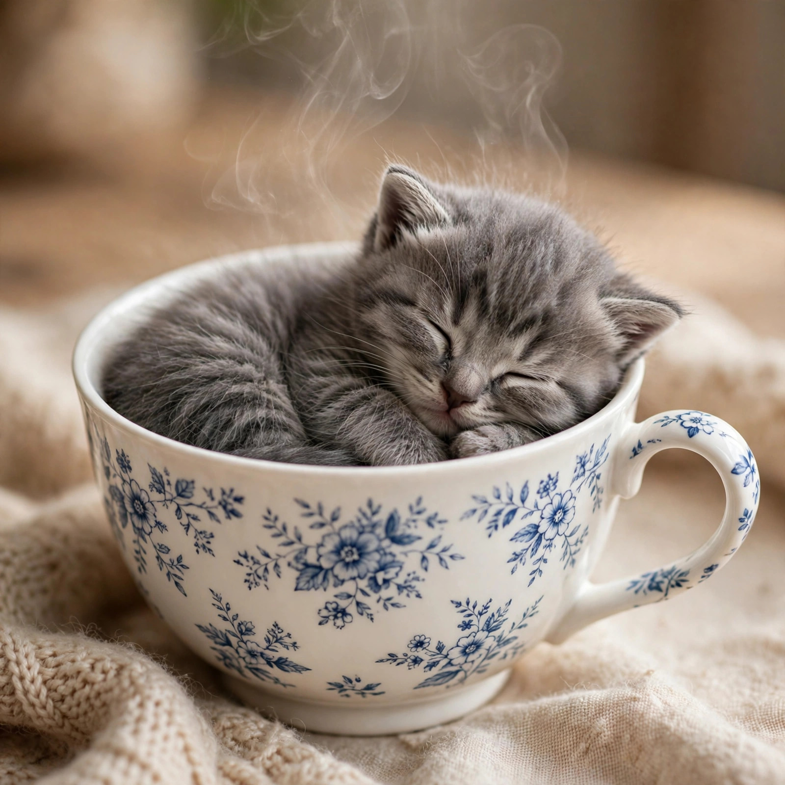 Tiny gray kitten curled up asleep inside a white teacup with floral pattern