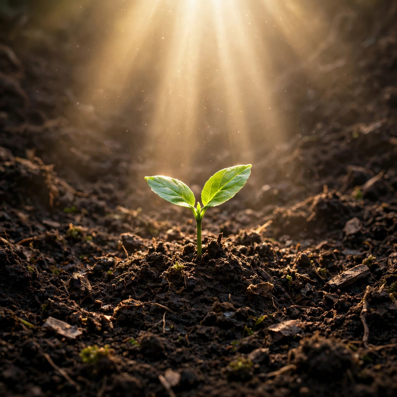 Tiny green seedling breaking through dark rich soil reaching toward a beam of sunlight