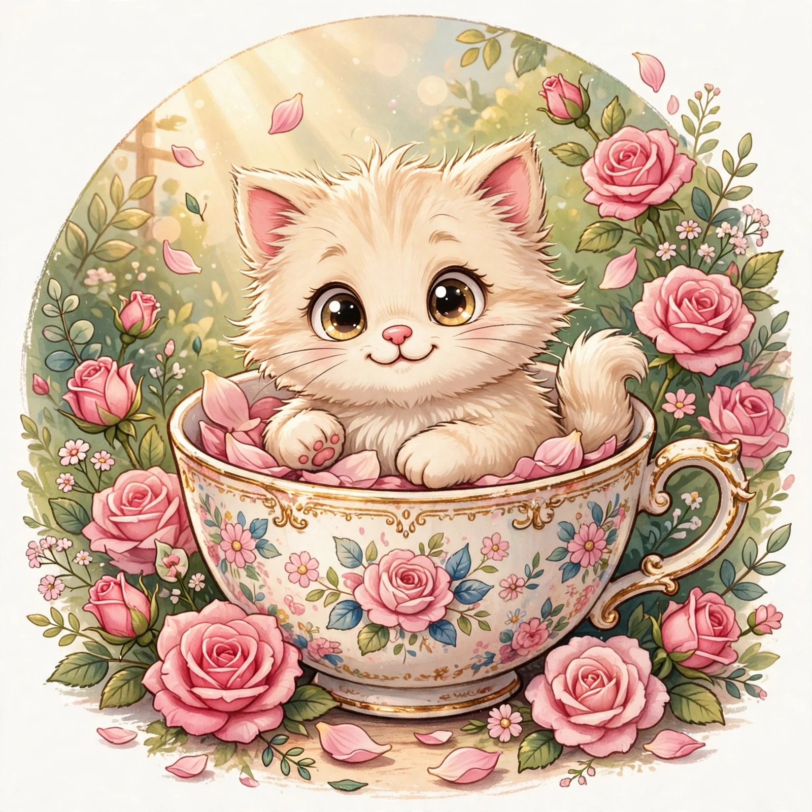 Tiny Kitten in a Teacup of Roses