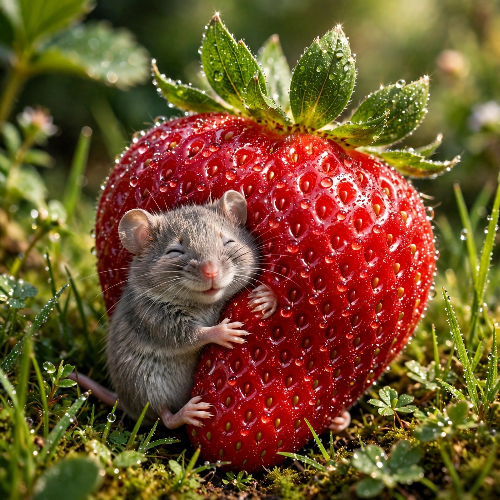 tiny mouse hugging giant strawberry cute dp