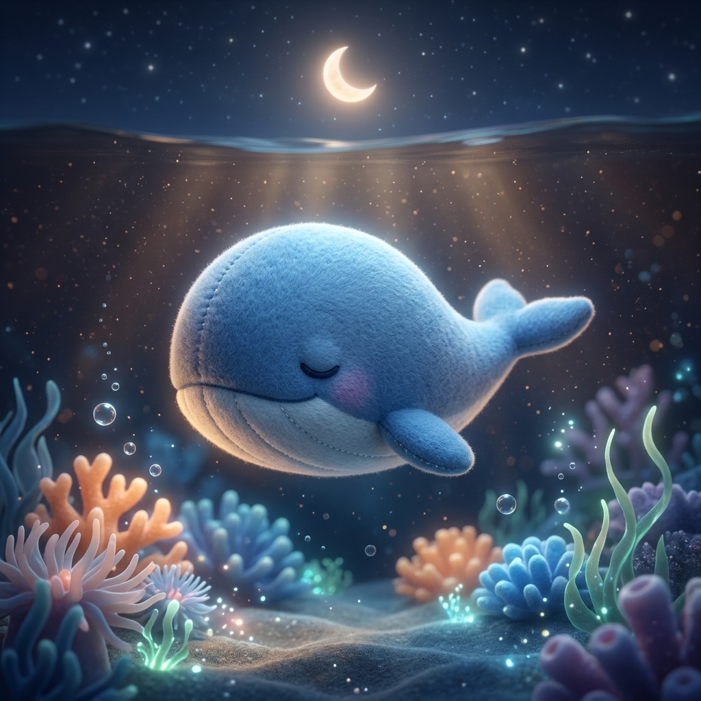 An original gentle soft 3D baby whale floats beneath a small crescent in a dreamy ocean scene