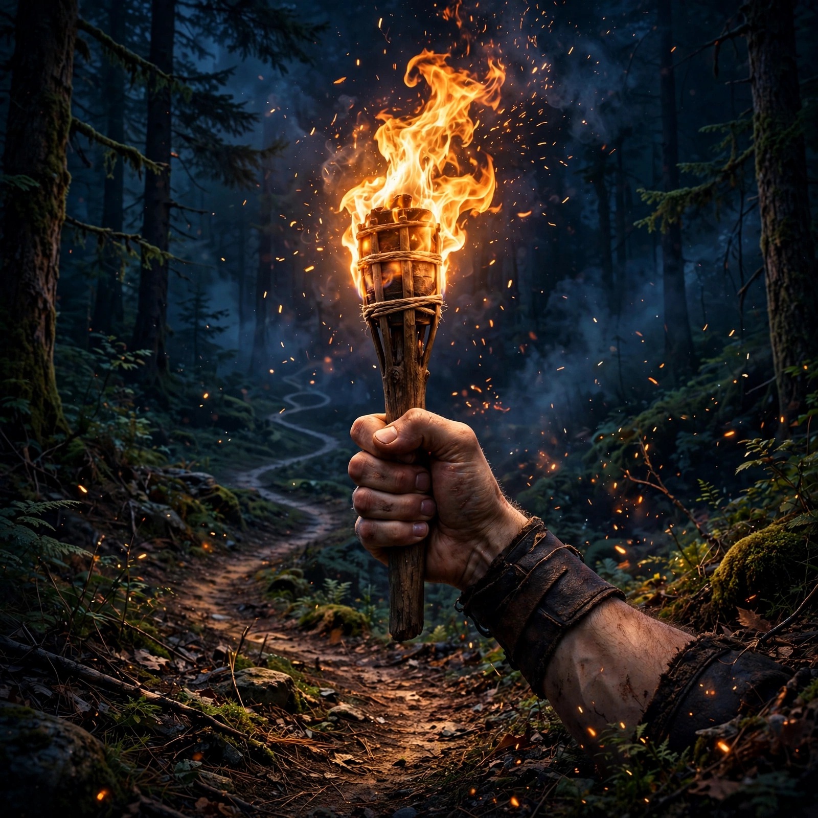 Hand raising a blazing torch lighting a path through a dark forest, motivational DP