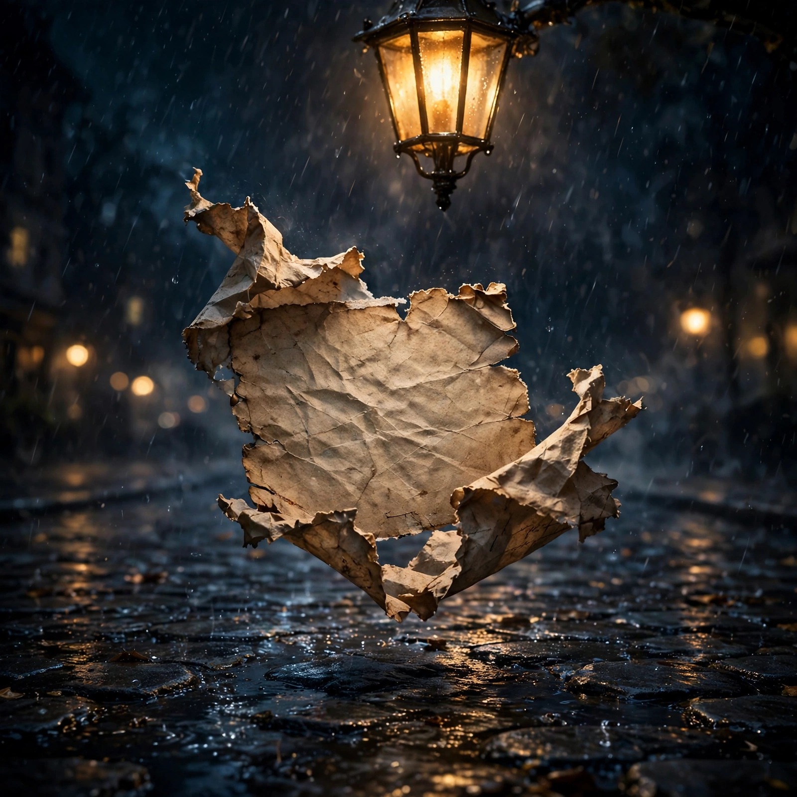 Torn vintage letter tumbling across wet cobblestones under a night streetlamp, sad WhatsApp DP