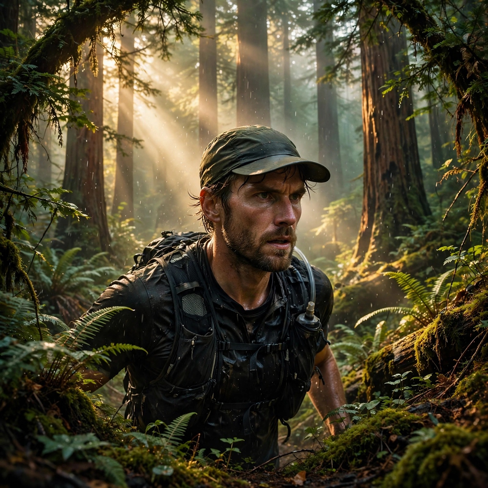 trail runner sprinting through misty redwood forest boys dp