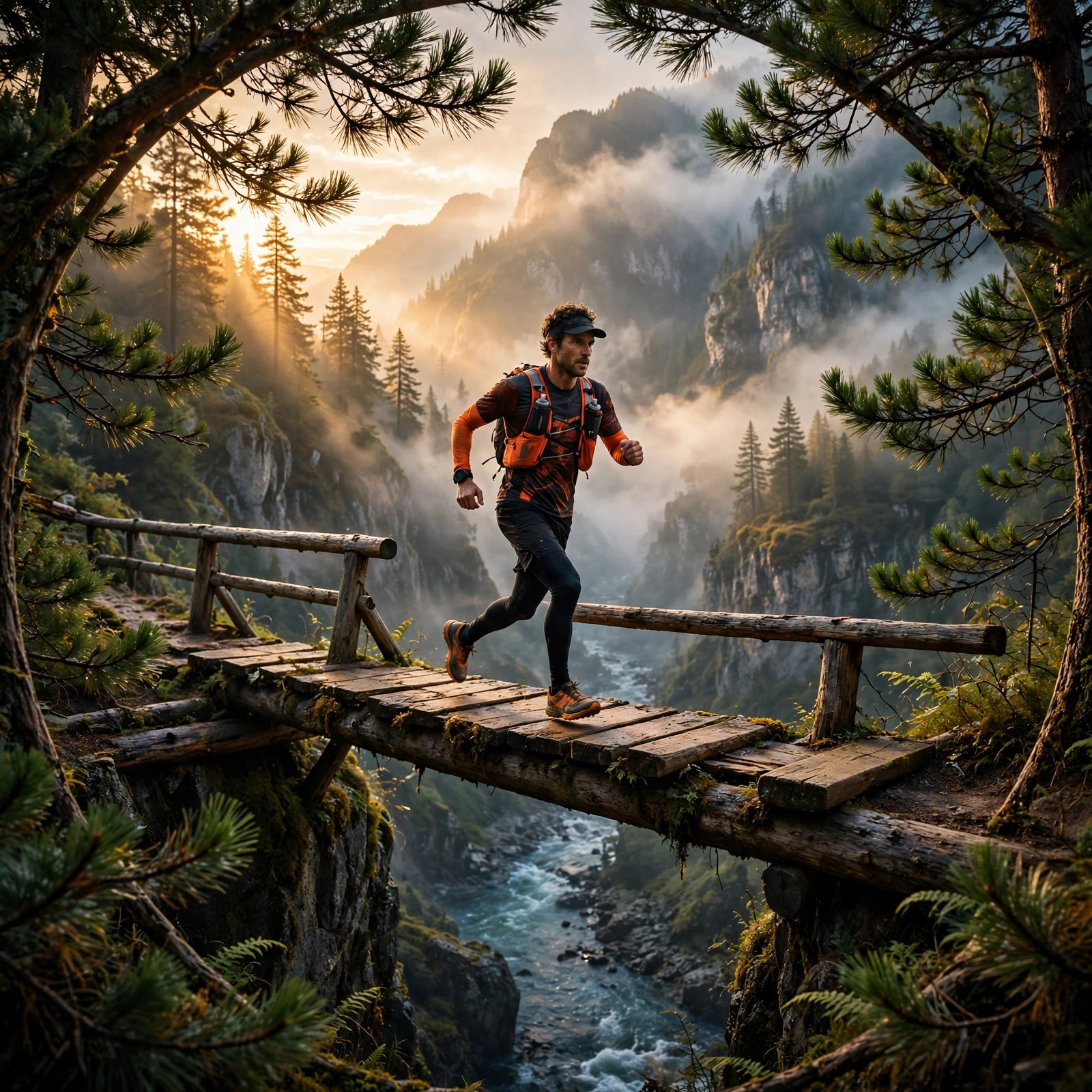 Trail Runner Crossing the Gorge at Dawn motivational WhatsApp DP