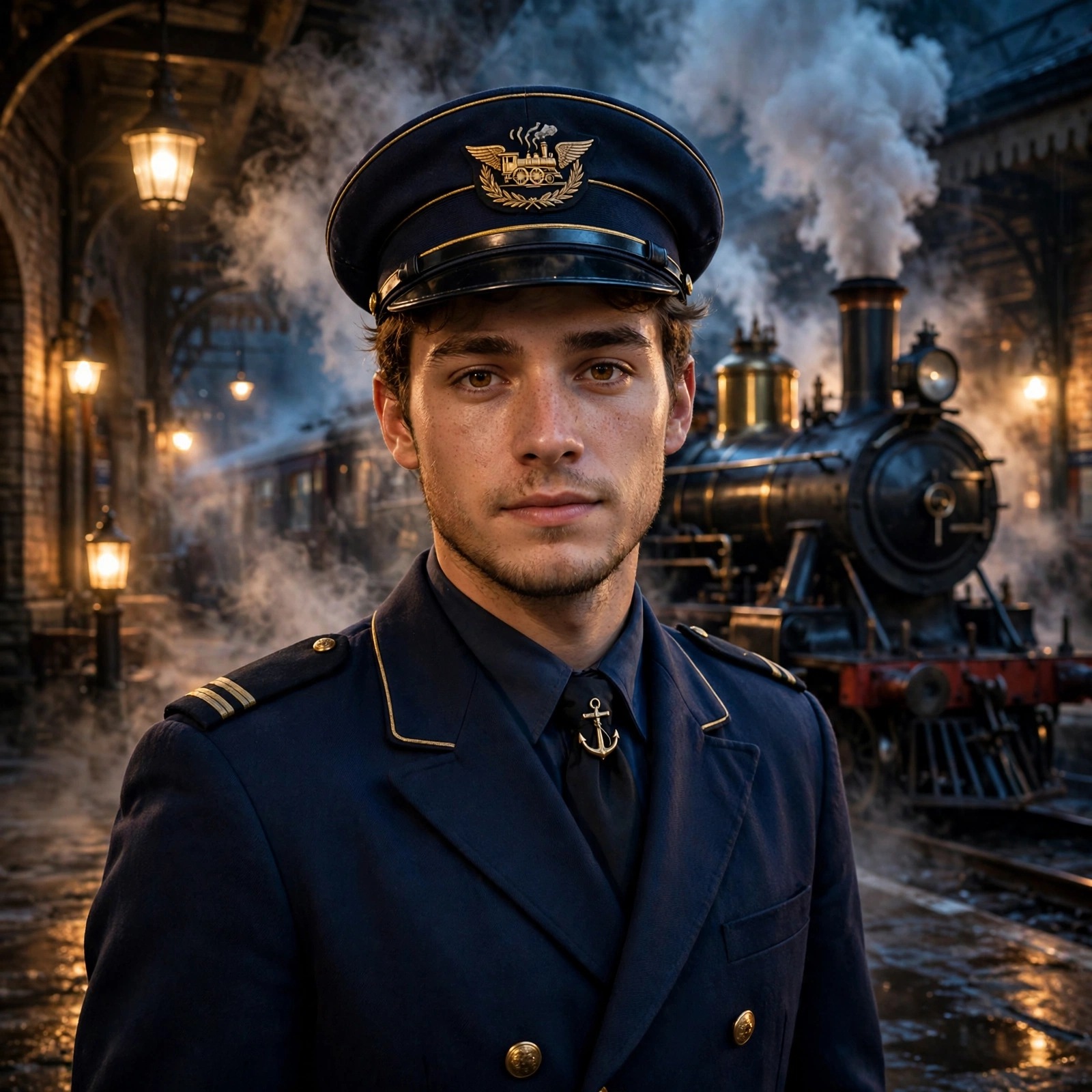 fictional adult young man train conductor in navy uniform on a steam platform boys dp