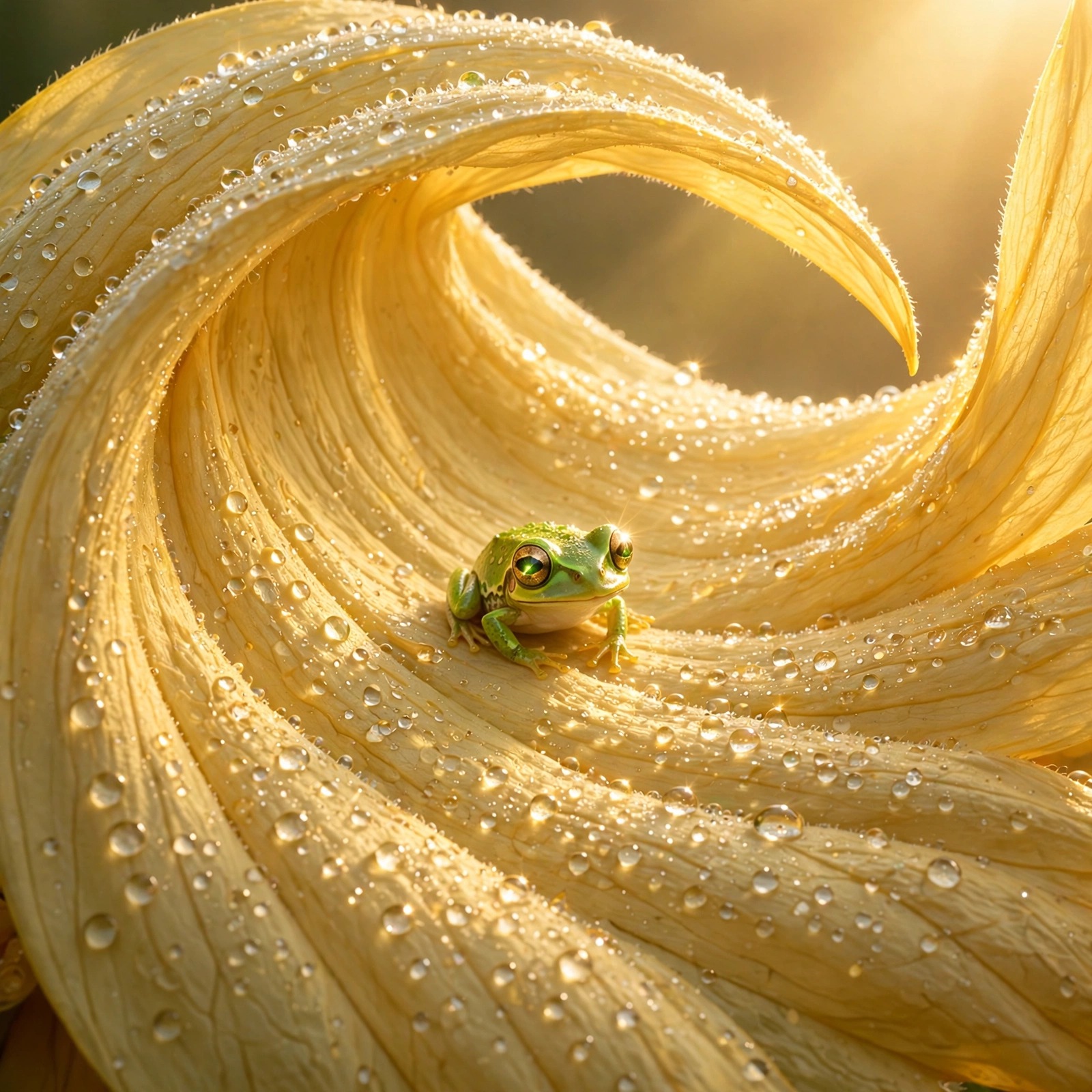 tiny bright-green tree frog with jewel-like eyes resting on a giant sunflower petal covered in sparkling morning dew drops. cute dp