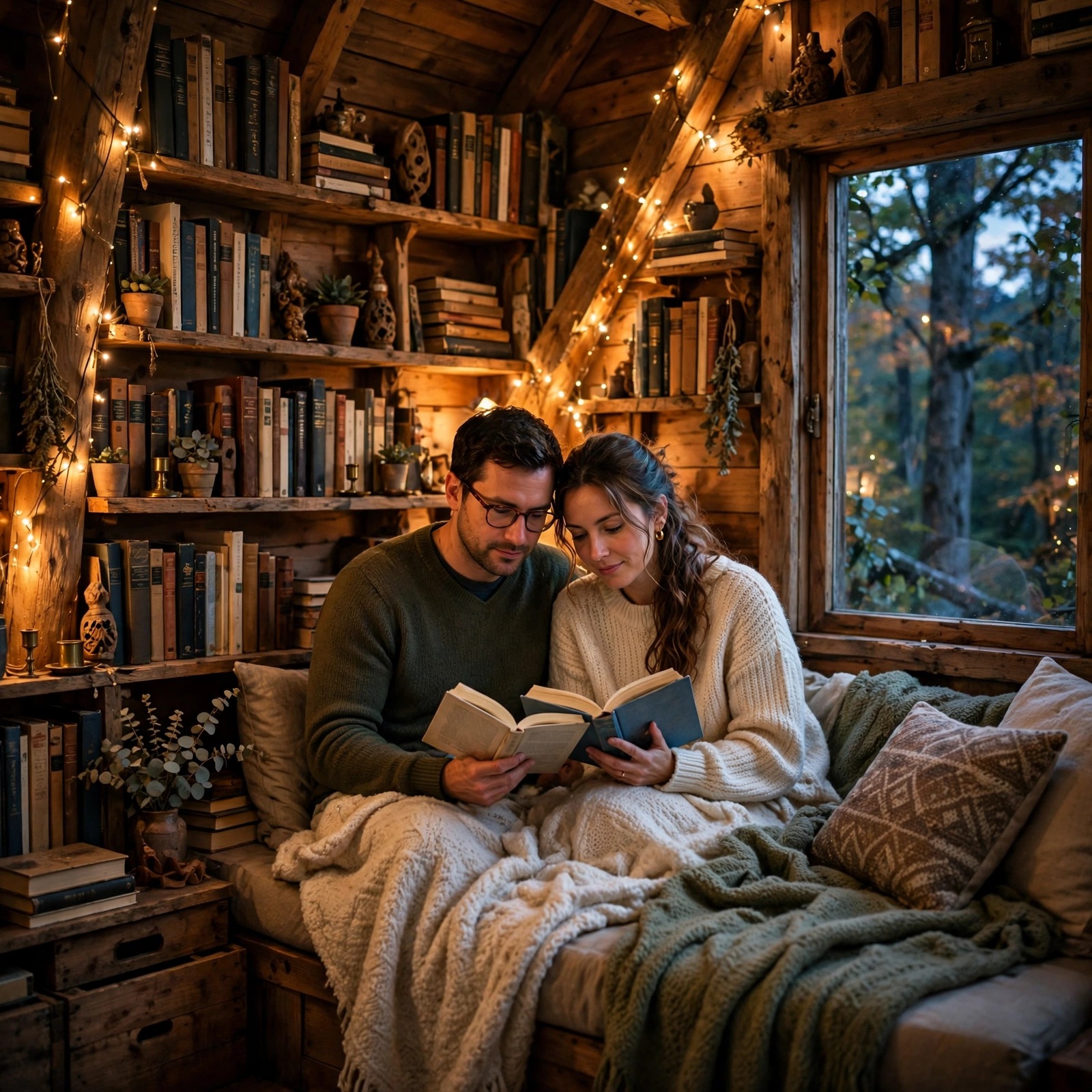 Couple Reading Together in a Treehouse Library - Love WhatsApp DP