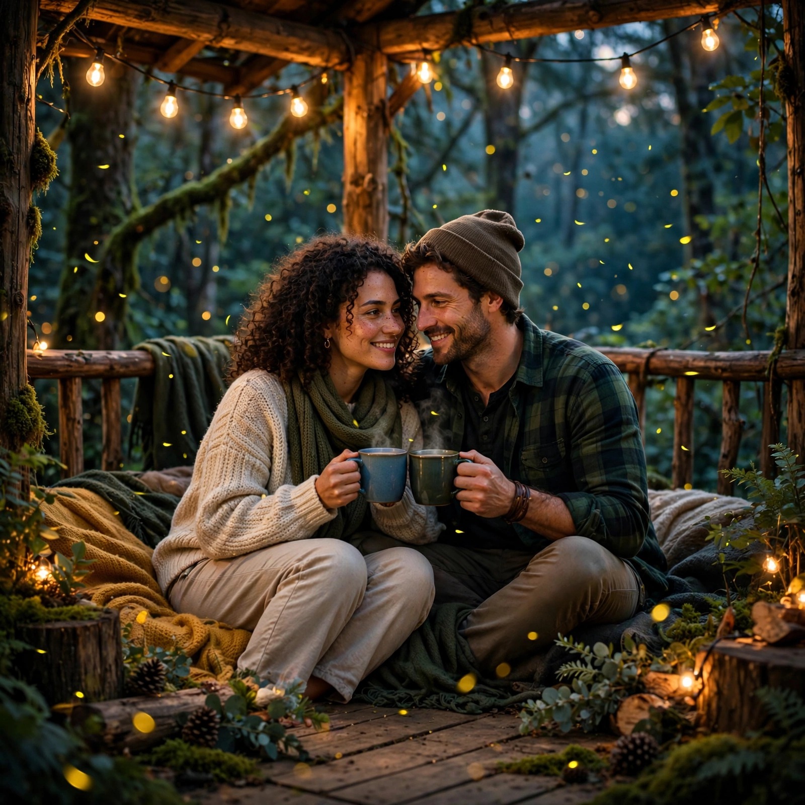 Couple in a Treehouse with String Lights
