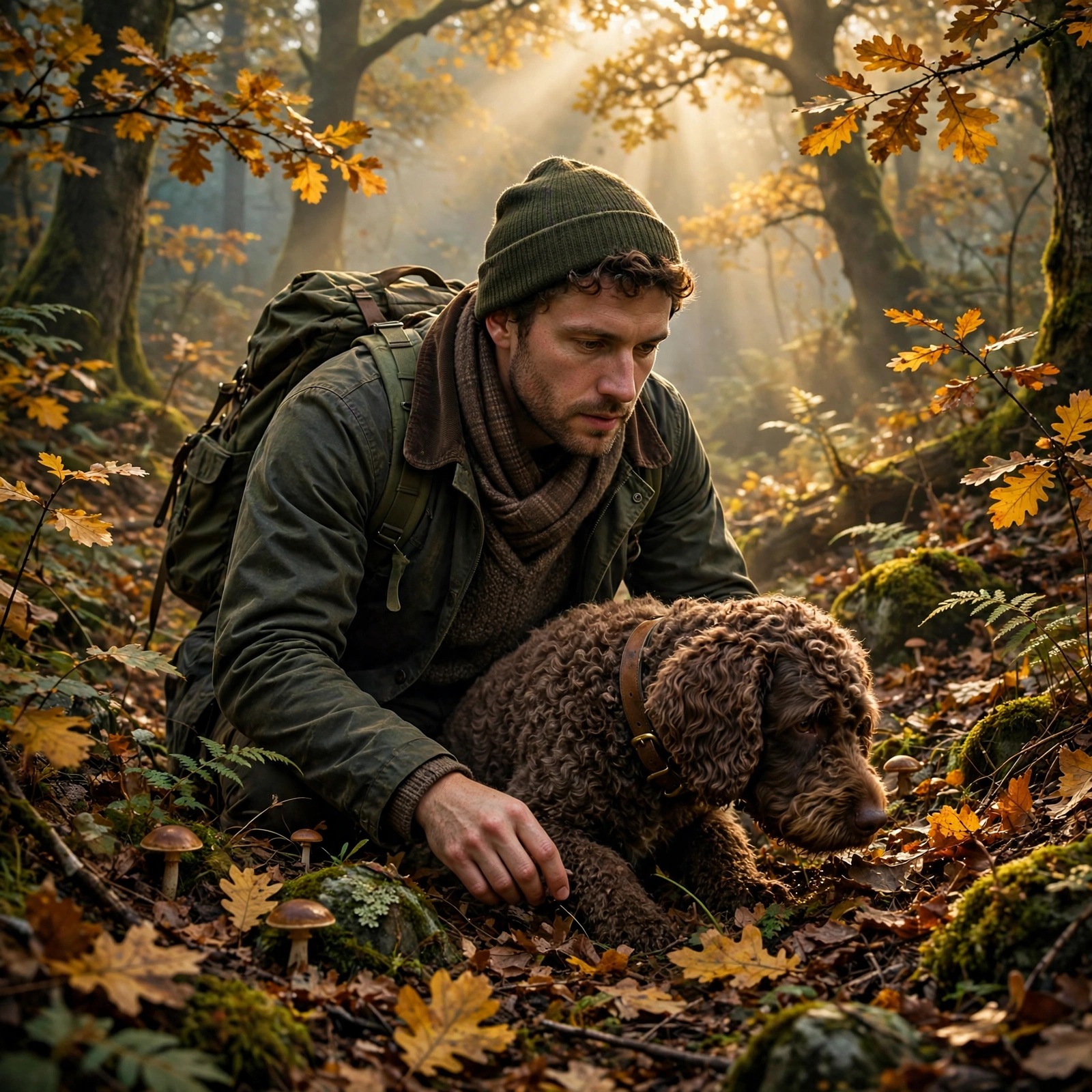 Truffle Hunter with Dog in Autumn Forest