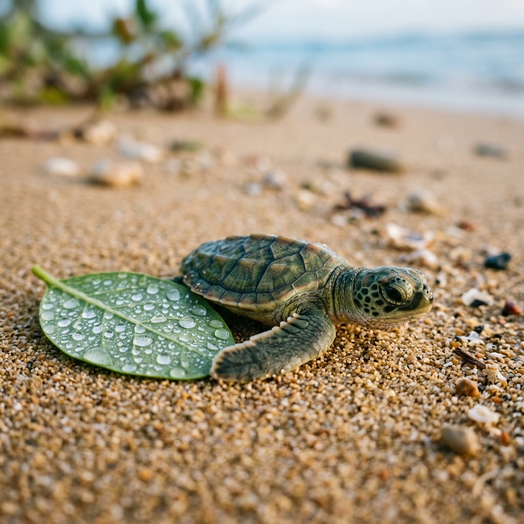 A small turtle hatchling rests beside a dew-covered green leaf
