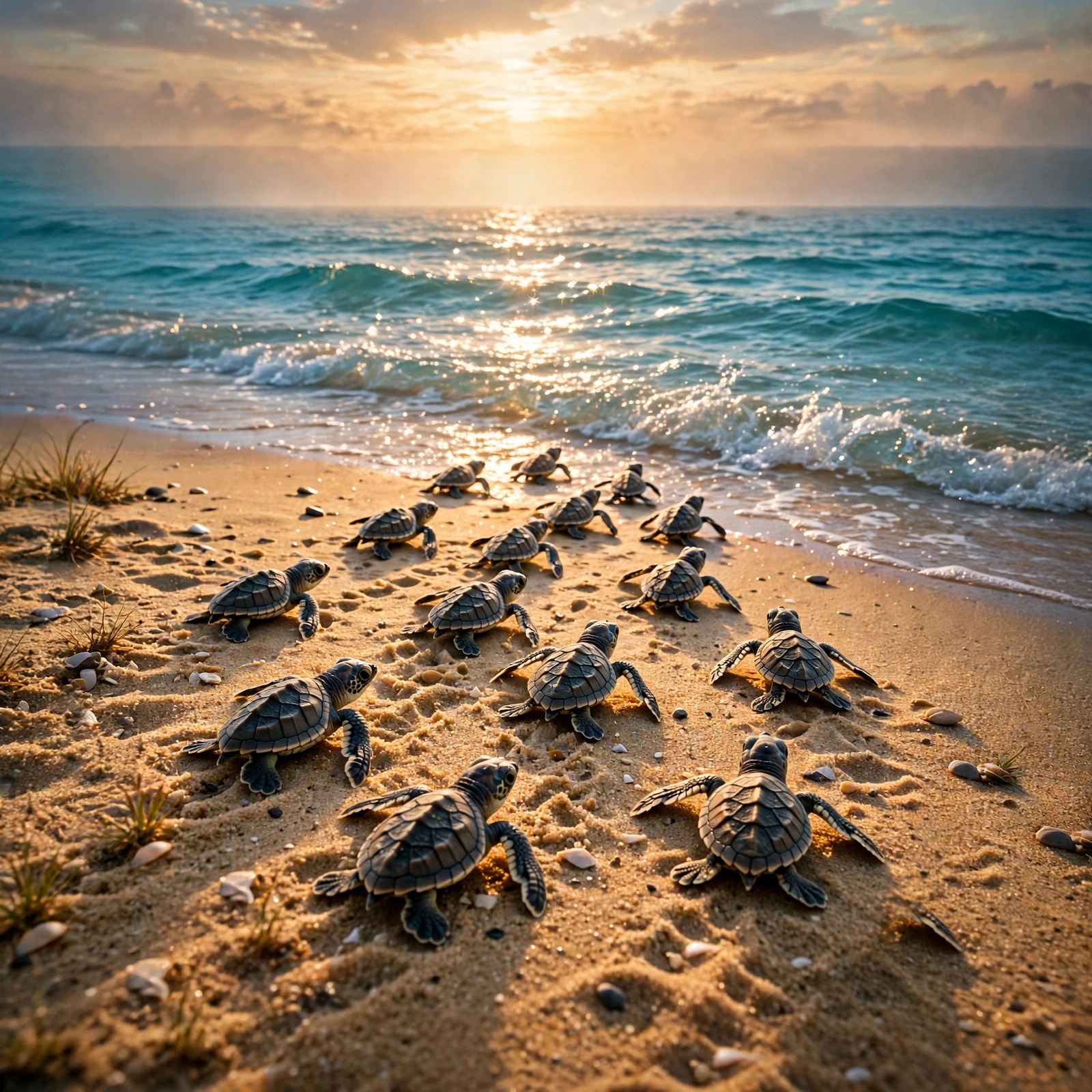 Sea Turtle Hatchlings Racing to the Sea at Dawn