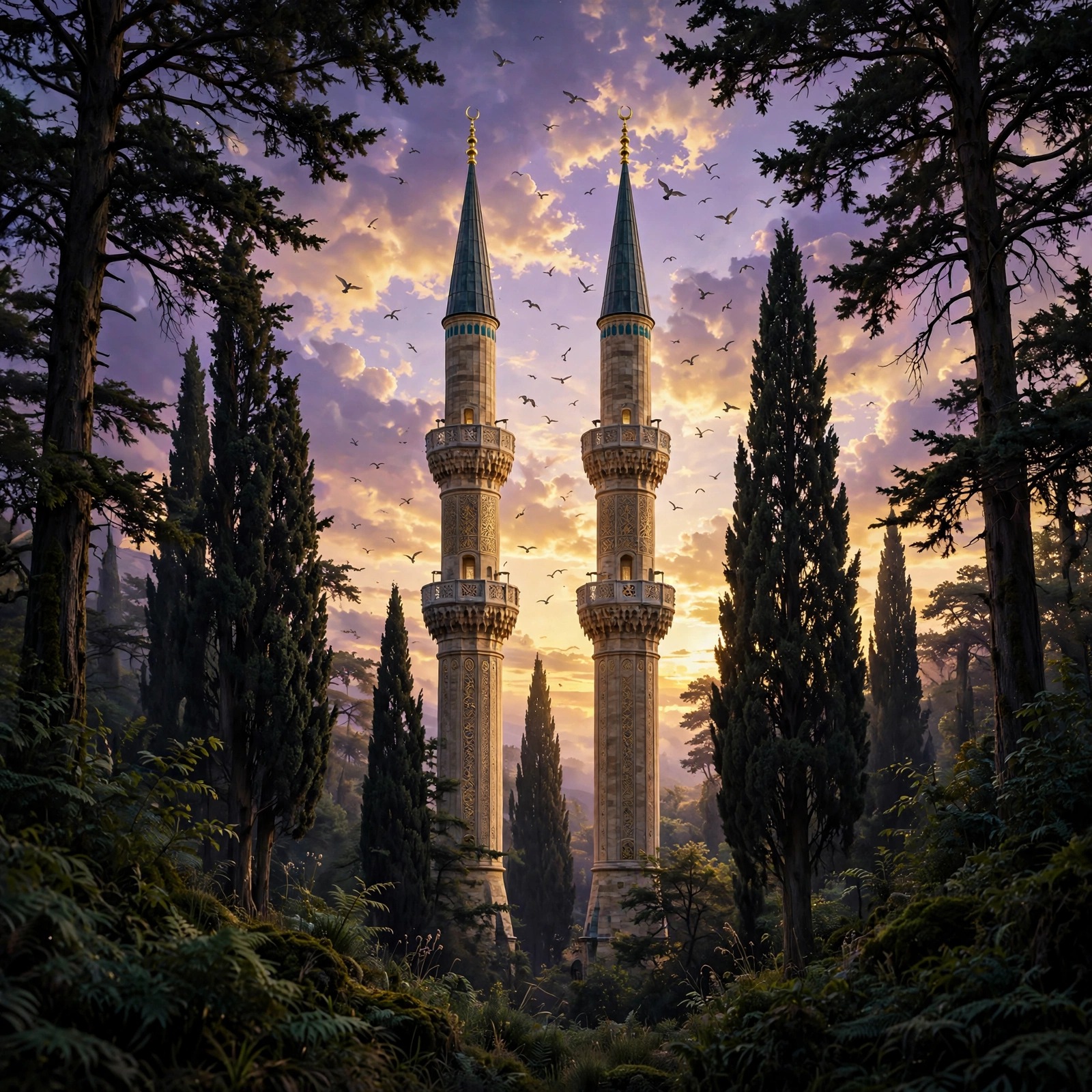 Twin minarets among cypress trees under a lavender dusk sky