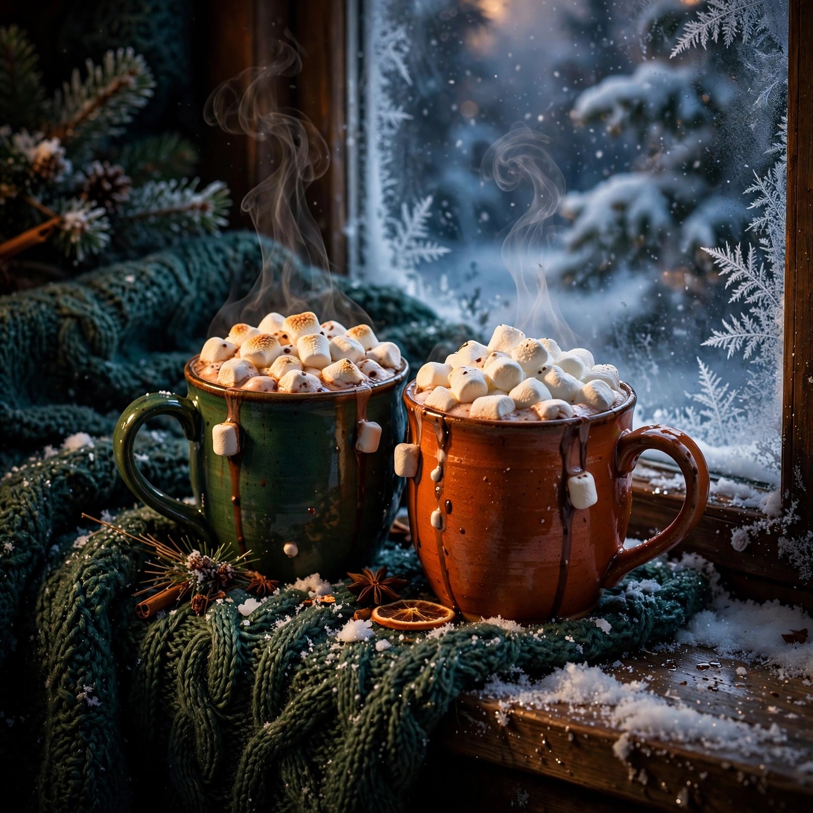 Two cocoa mugs window profile picture — original AI artwork for WhatsApp DP
