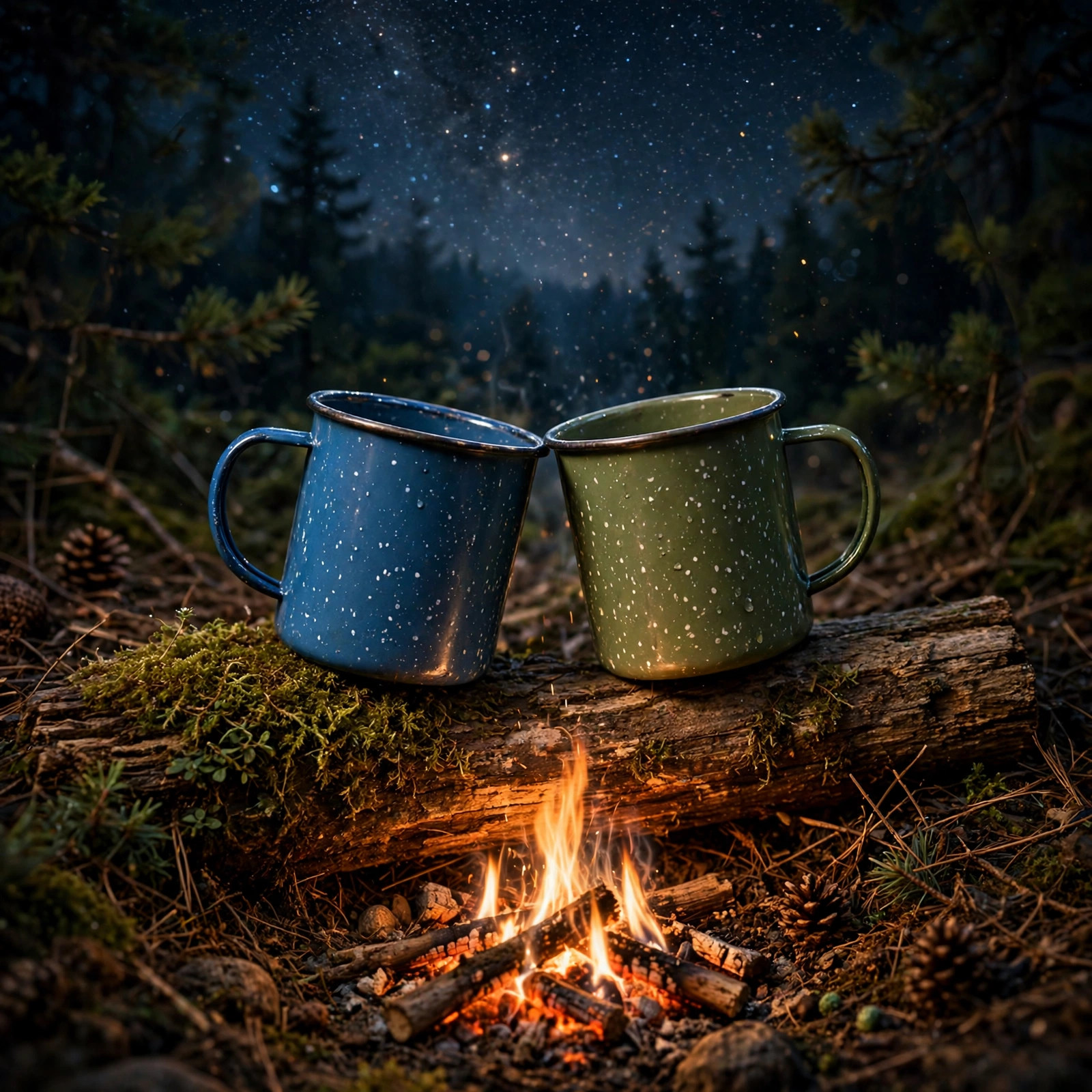 Two enamel camping mugs clinking together beside a crackling campfire under a starry night sky
