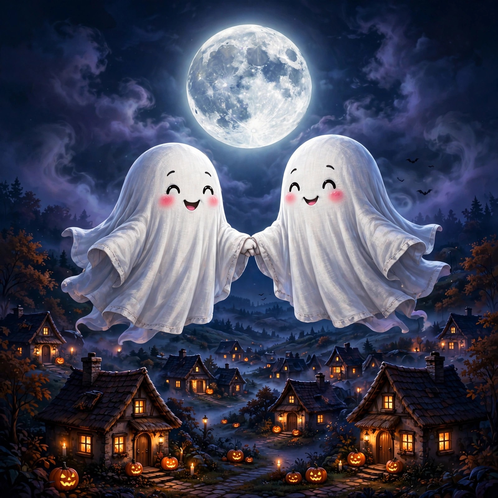 Two cute ghosts holding hands over a village under a full moon, Halloween friendship WhatsApp DP