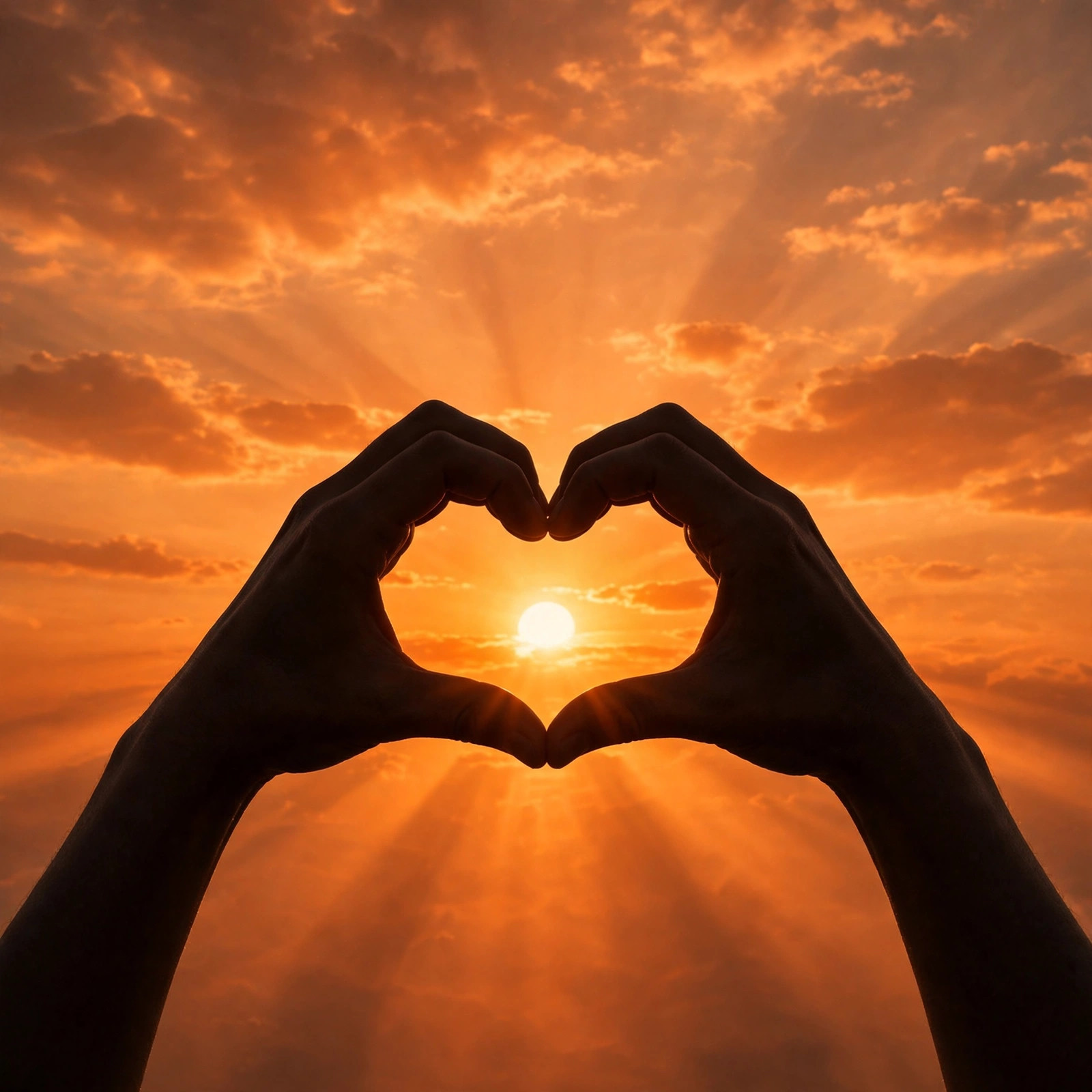 Two hands forming a heart shape silhouetted against a vibrant orange sunset sky