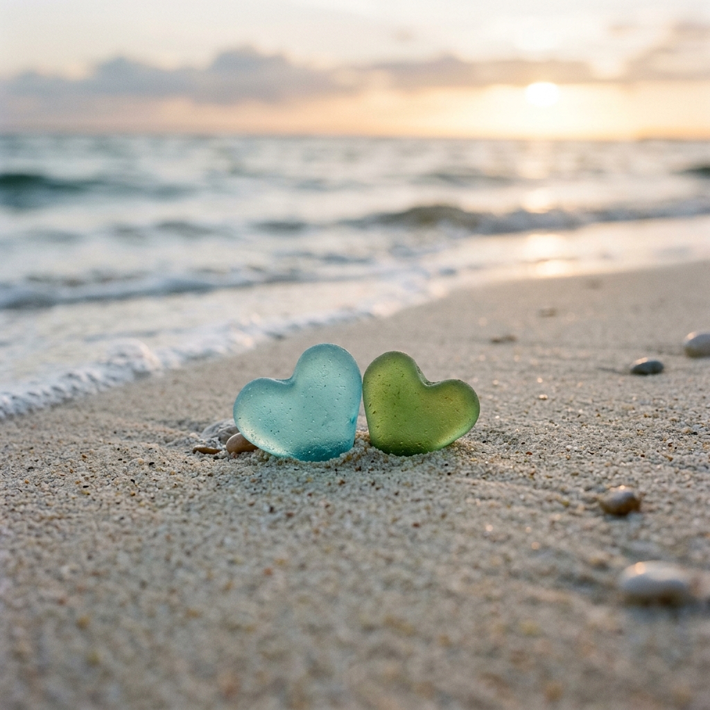 Two smooth heart-shaped sea glass pieces rest together on pale beach sand
