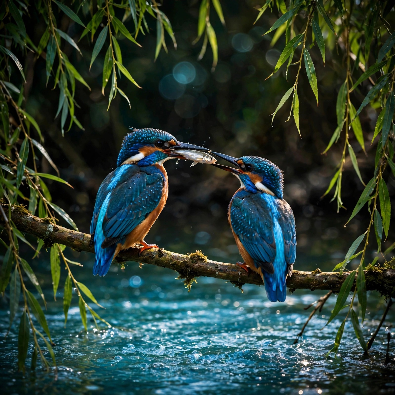 Two blue kingfishers sharing a silvery fish on a branch above turquoise water