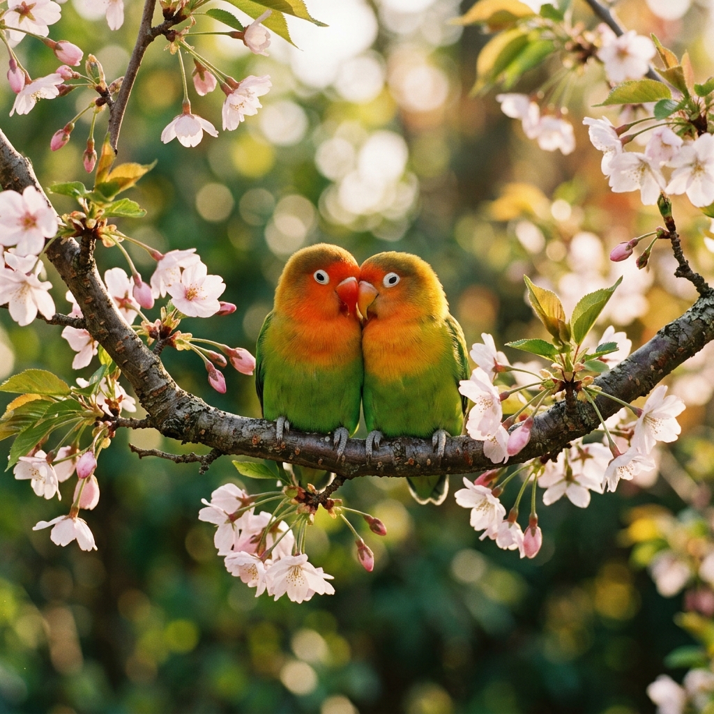 Two small lovebirds nestle side by side on a flowering branch