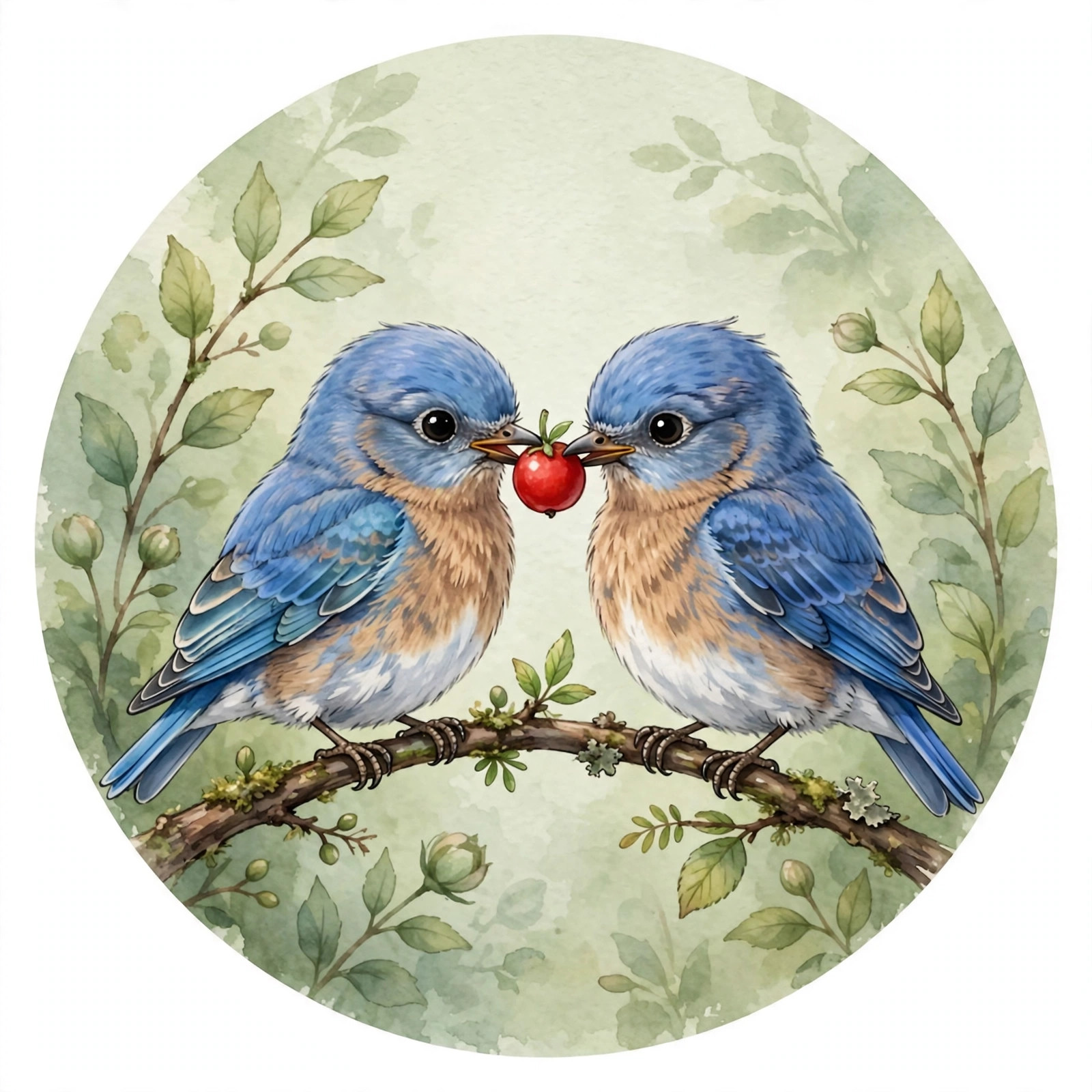 Two small bluebirds sitting on a branch sharing a single red berry