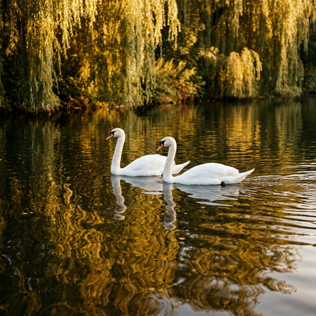 Two white swans glide closely beneath golden willow reflections