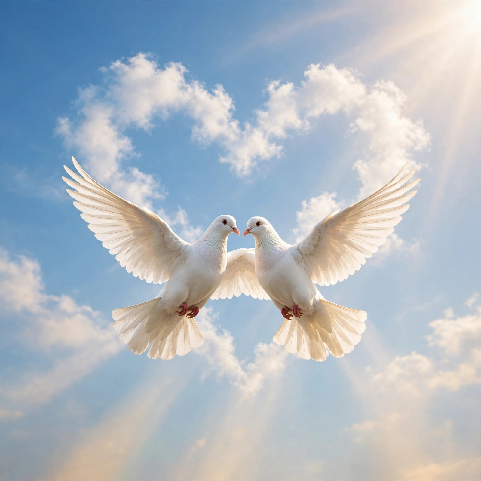 Two white doves flying side by side in a clear blue sky with soft sunlight