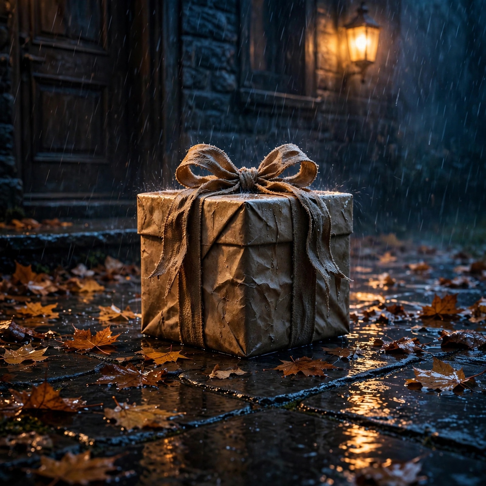 Unopened gift box with faded bow alone on a rainy doorstep at night, sad DP