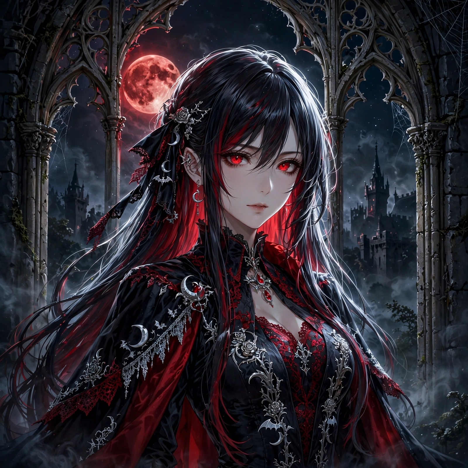 an anime vampire girl with crimson eyes before a moonlit gothic castle window anime dp