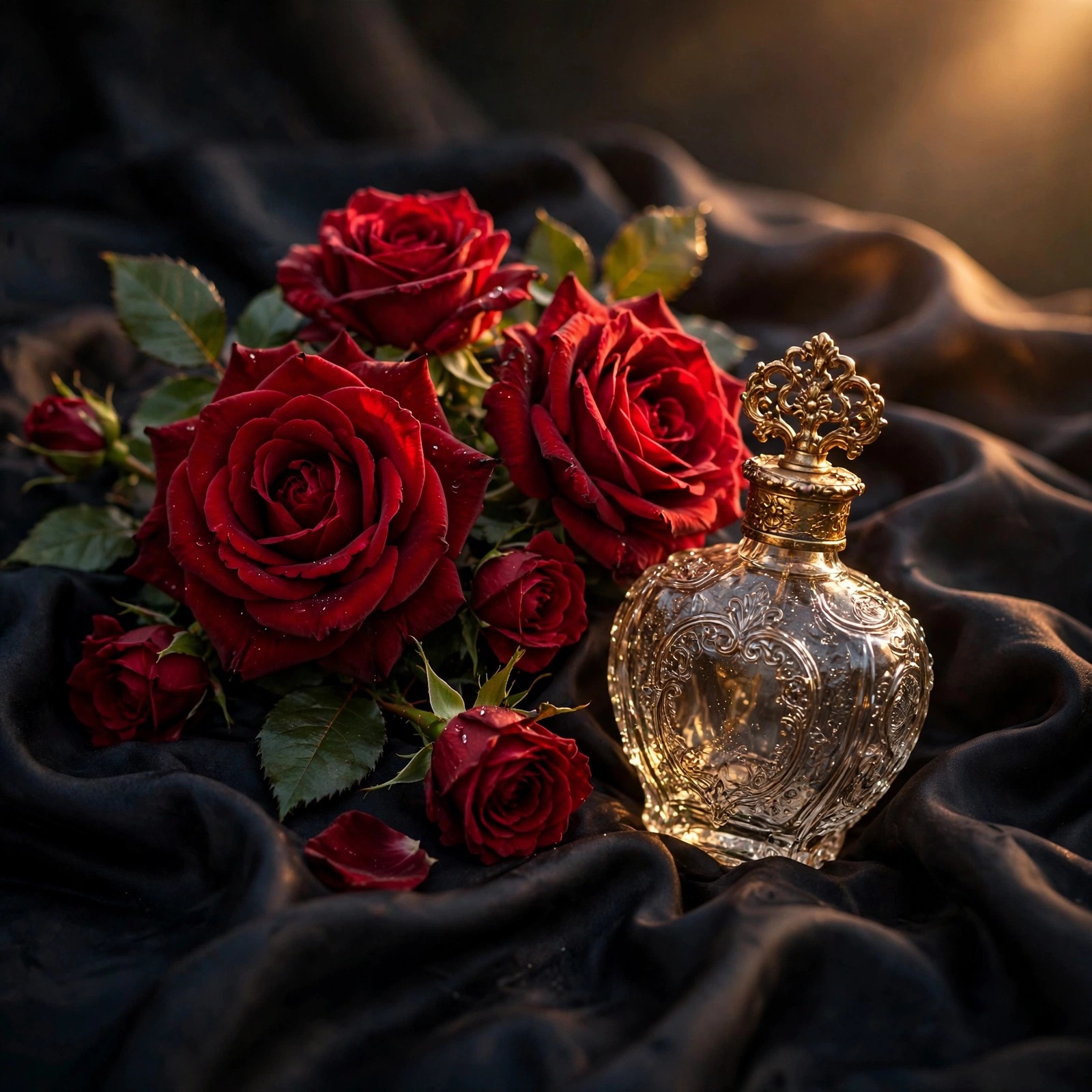 Deep red velvet roses beside a vintage glass perfume bottle on dark silk
