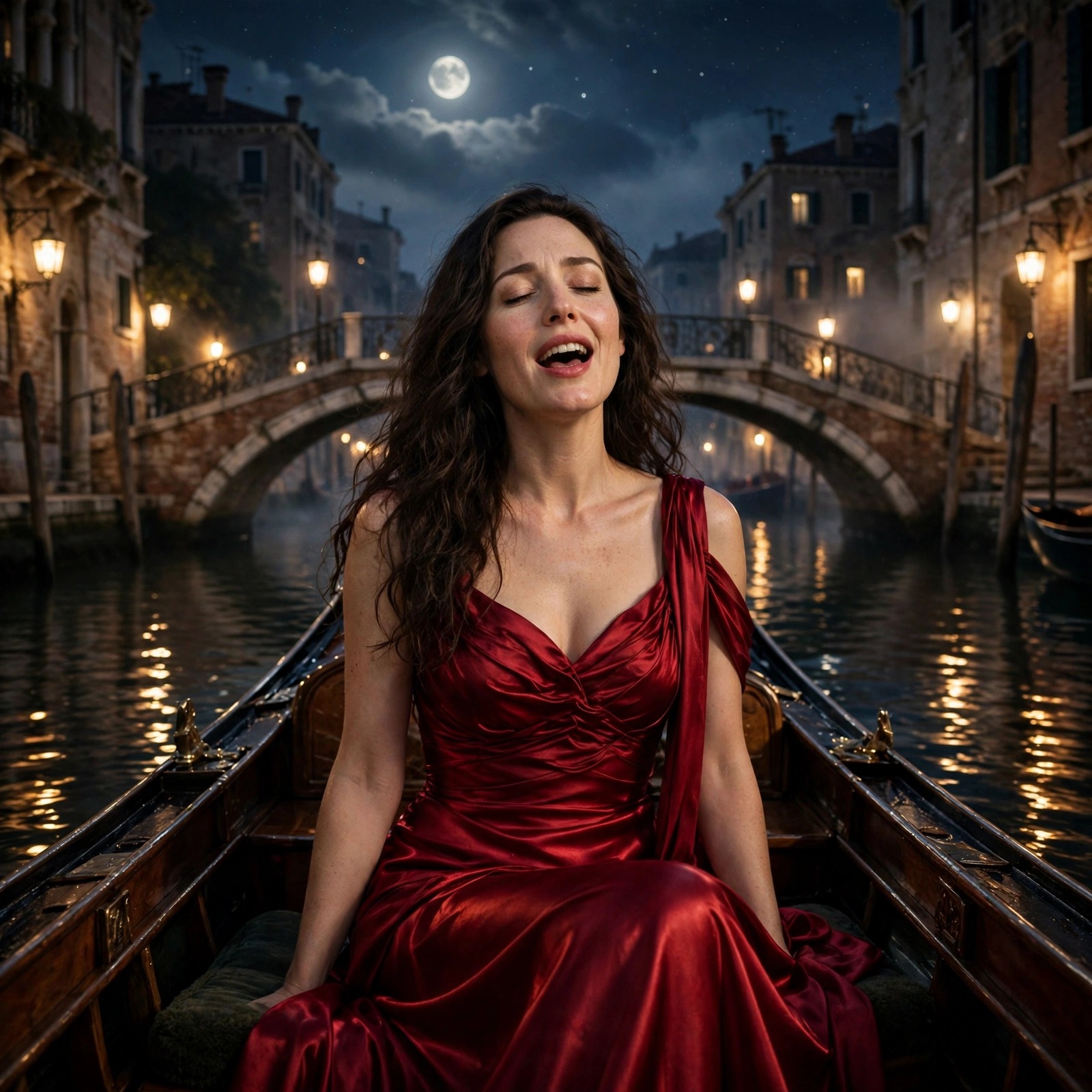 Woman singer in crimson dress in gondola on Venice canal at moonlight, WhatsApp DP