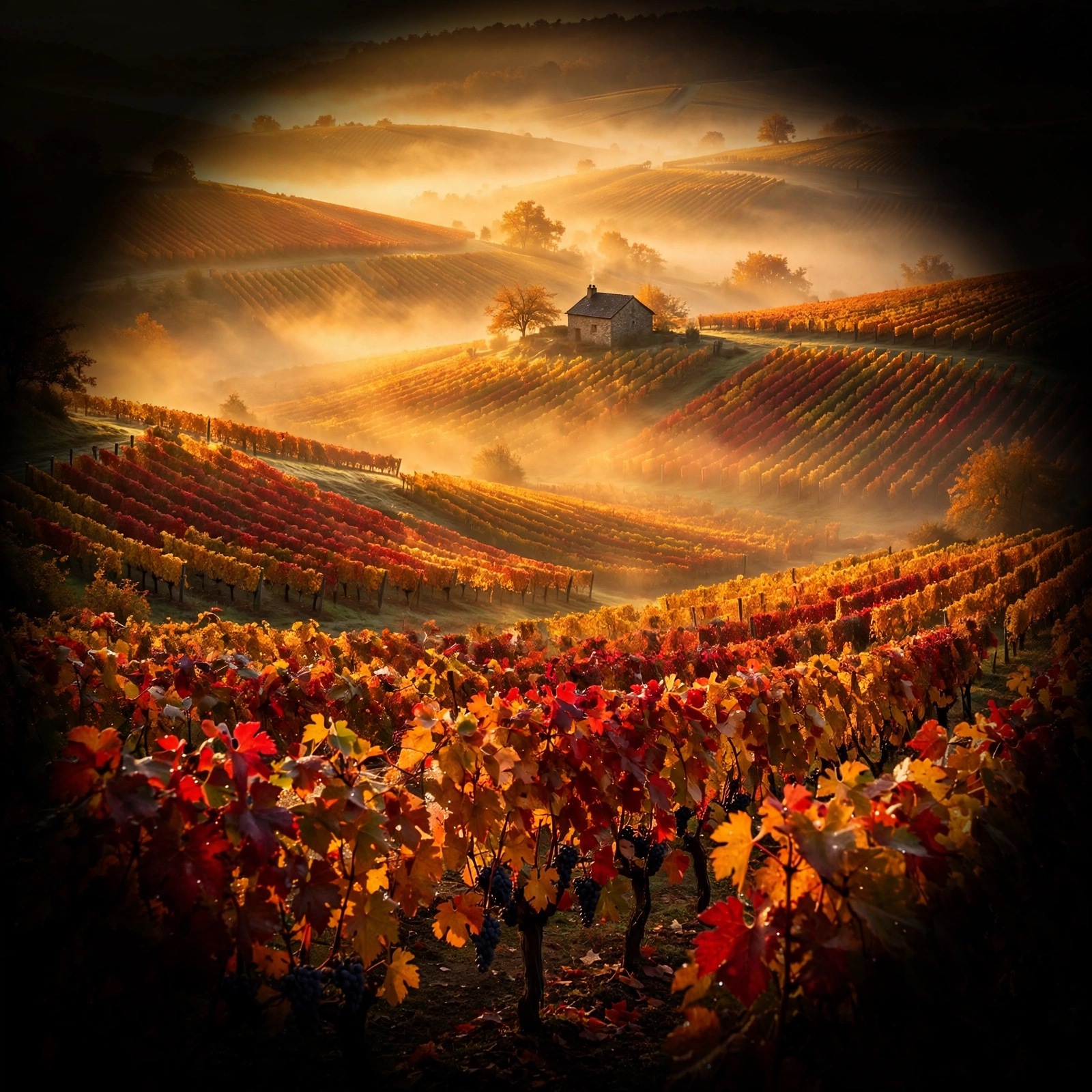 Autumn vineyard hills in golden fog, nature DP