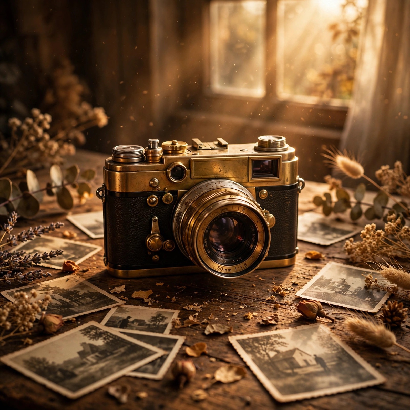vintage film camera on desk at golden hour aesthetic dp