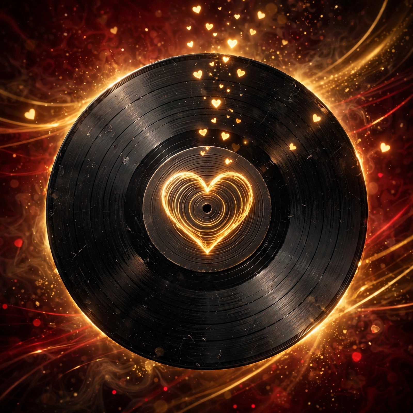Vinyl record with a glowing golden heart etched in its grooves and floating heart lights