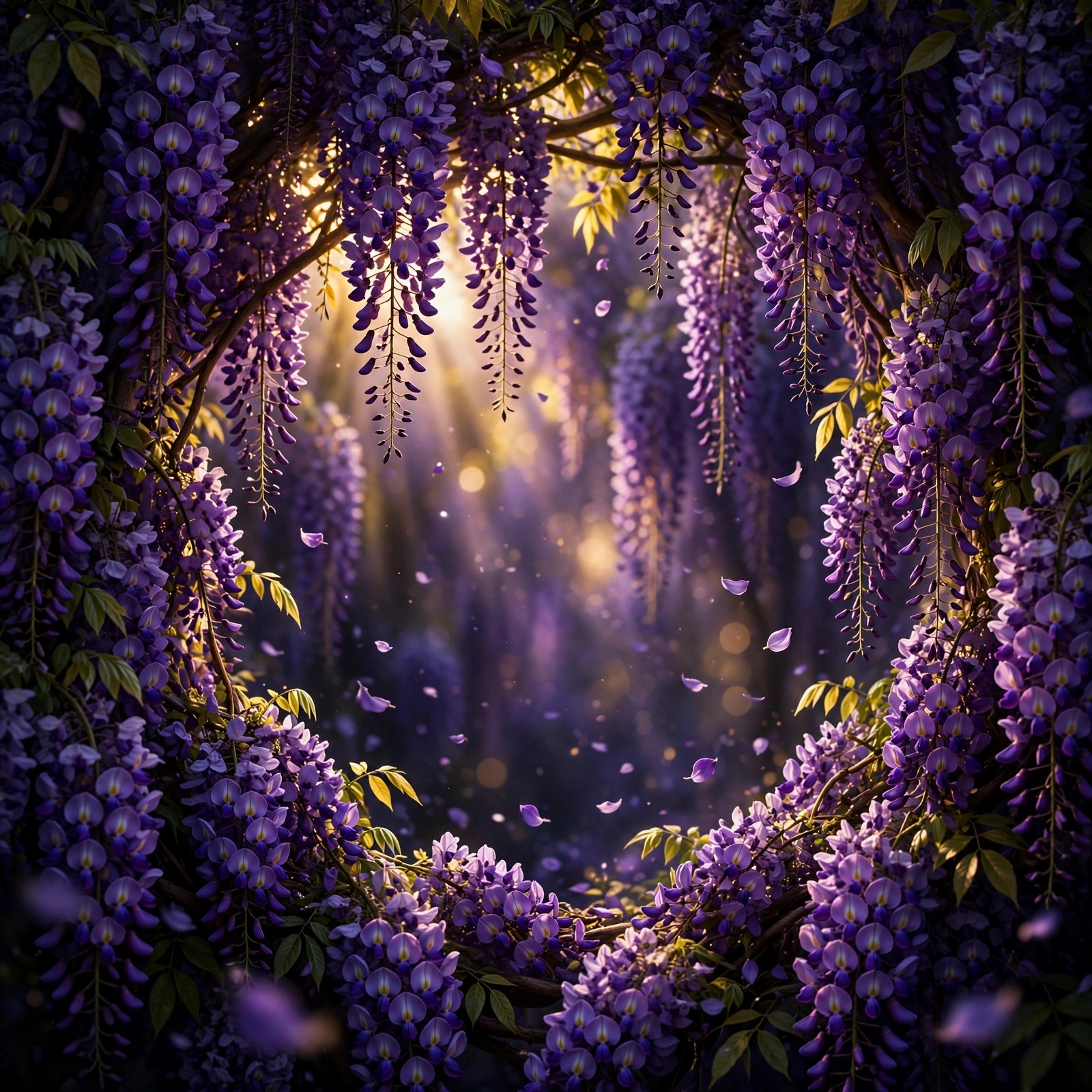 Violet wisteria blossom tunnel with golden light filtering through purple blooms