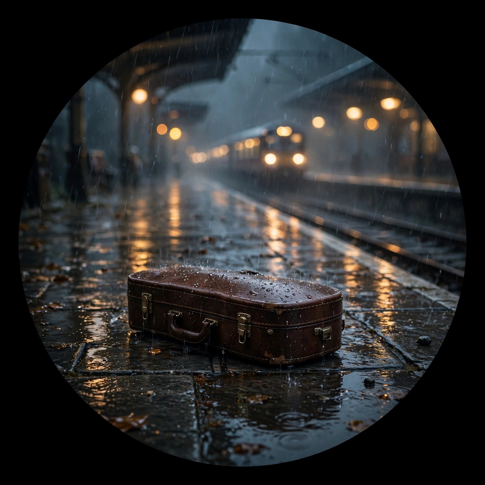 Violin case on rainy railway platform