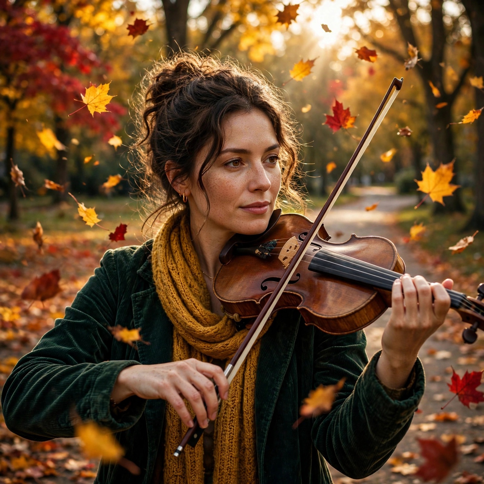 Violinist playing in an autumn park with falling leaves