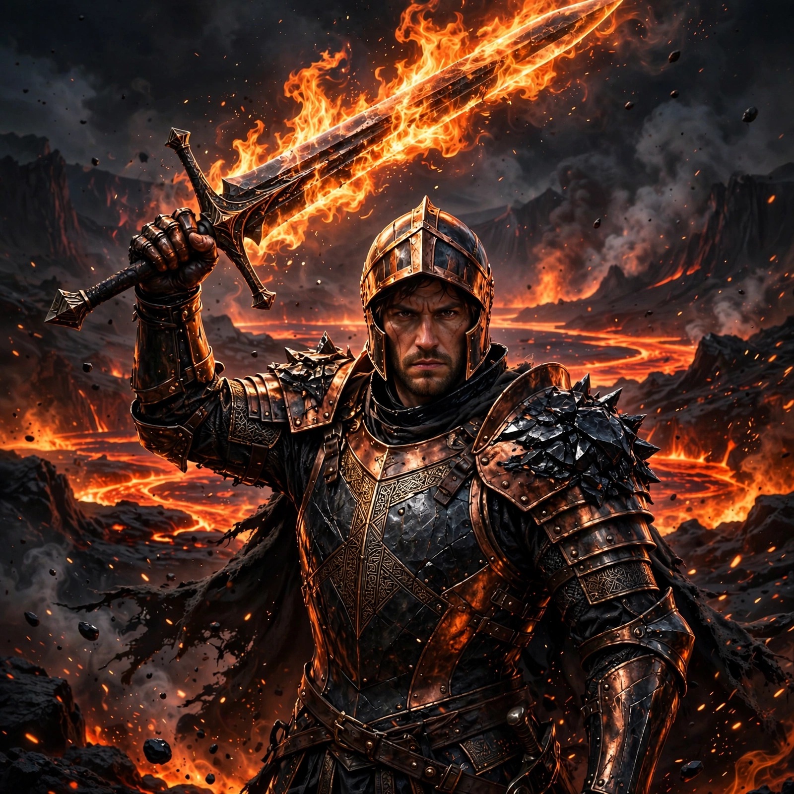 Knight in copper armor raising a flaming sword before a lava lake