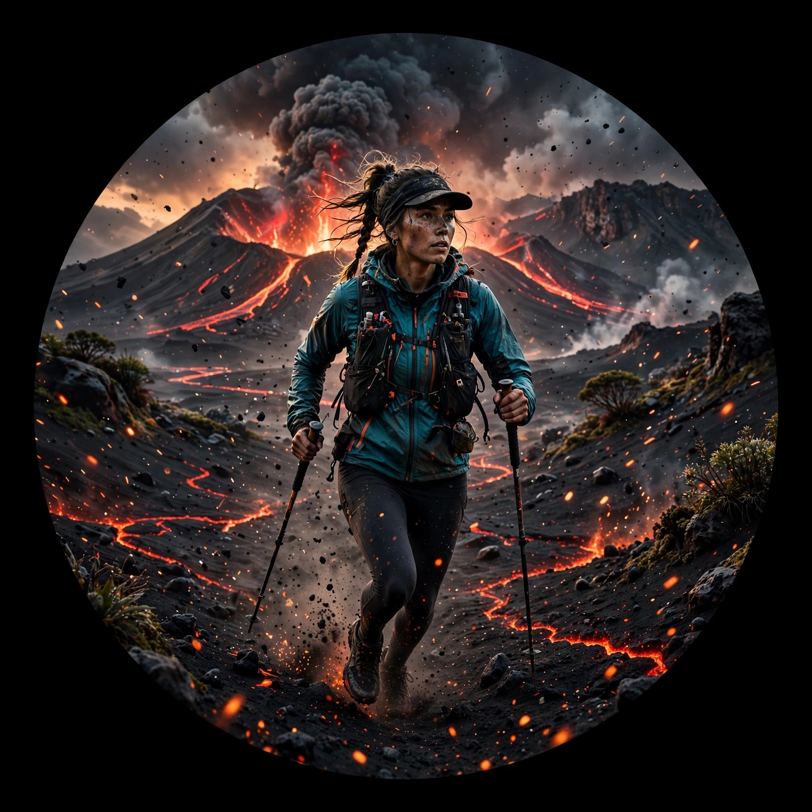 Volcano Ash Trail Runner Among Embers