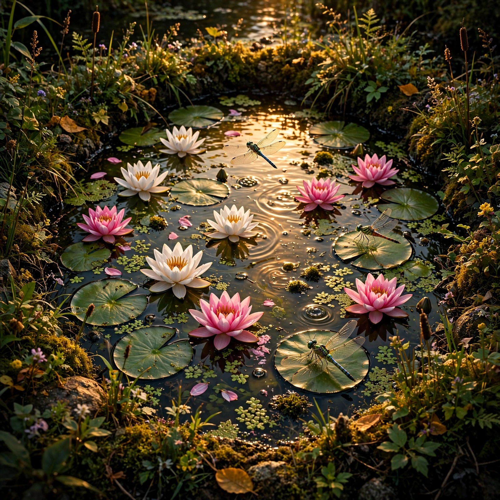 Water lilies and dragonflies on a pond at golden hour